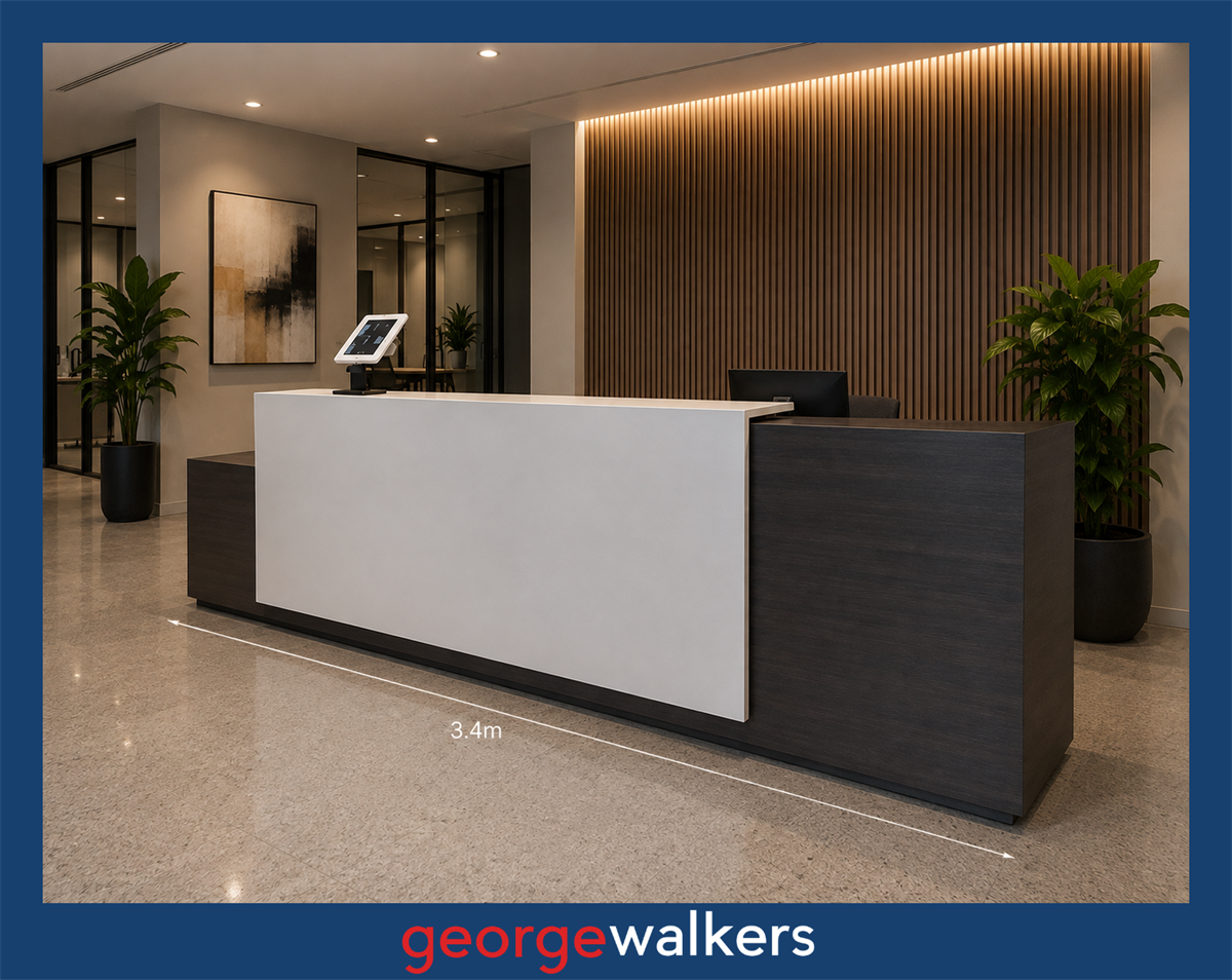 RECEPTION COUNTER – CUSTOM MADE – 3.4M – WHITE / CHOCOLATE WOODGRAIN – PR6951