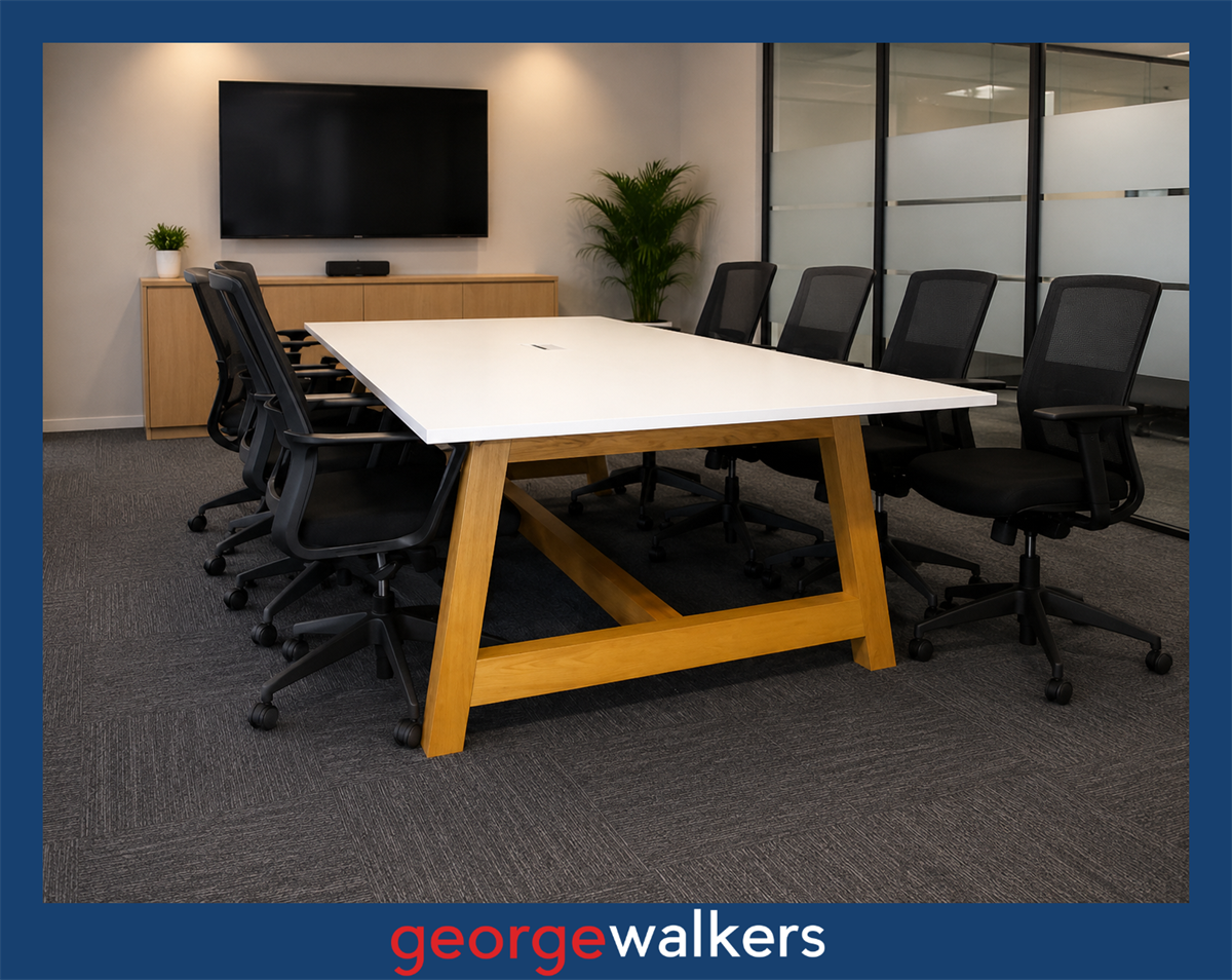 BOARDROOM TABLE – WHITE / SOLID TIMBER – 2400 X 1200MM – PR6926 - George Walkers Office Furniture Megastore