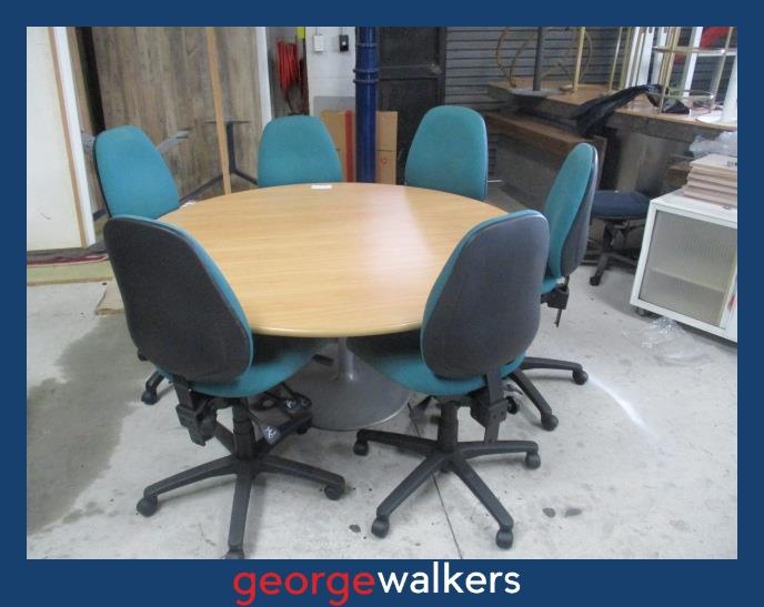 PR6640 Tawa/Teal Round Meeting Table + 6 Chairs Set - George Walkers Office Furniture Megastore