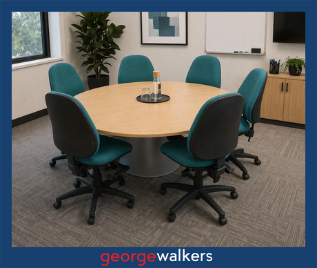 PR6640  Tawa/Teal Round Meeting Table + 6 Chairs Set - George Walkers Office Furniture Megastore