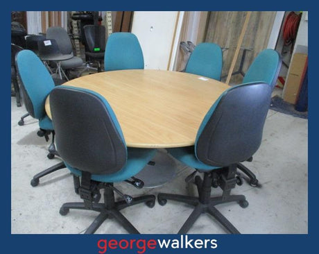 PR6640  Tawa/Teal Round Meeting Table + 6 Chairs Set - George Walkers Office Furniture Megastore