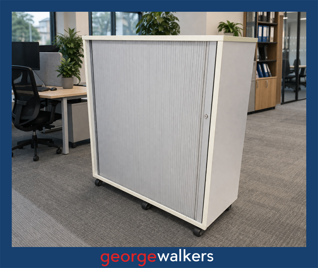PR6334  White  Single Door Tambour Cupboard - George Walkers Office Furniture Megastore