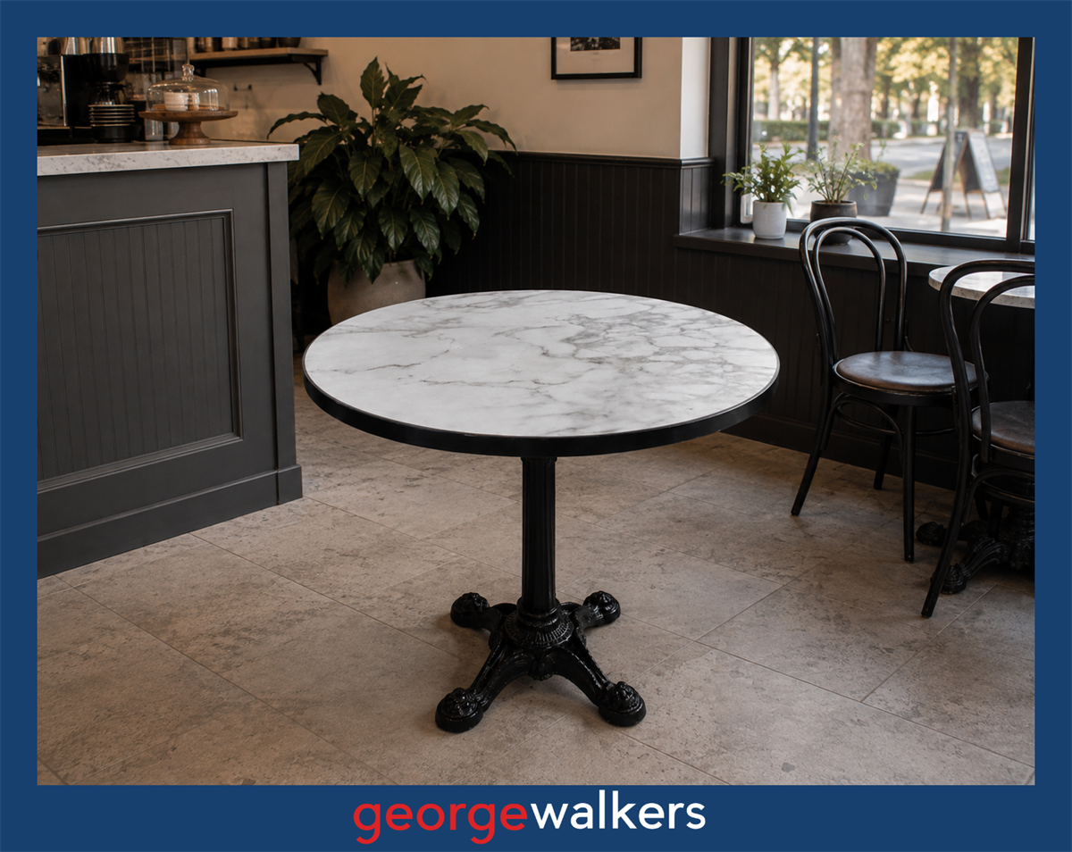 CAFE TABLE – ROUND – MARBLE STONE TILE TOP – 1M – RRP $1200 - PR6944