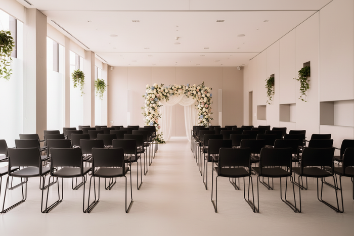 instead of a lecturn could you please make it look more for a wedding with an arch at the font of the room and no plants