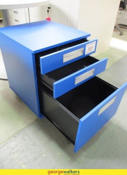 3-Drawer Mobile Metal Cabinet Blue 460mm